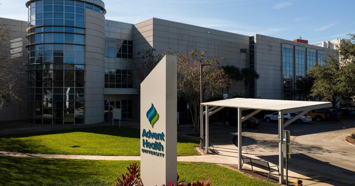 Aerial view of AdventHealth University's Orlando campus alongside AdventHealth Orlando hospital.